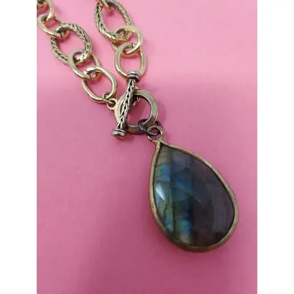 Labradorite Charm on Ralph Lauren Old Gold Chain Necklace VTG "RL" on Toggle End - Picture 1 of 9